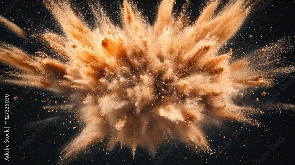 Poster brown sand explosion creating a dramatic splash effect against a contrasting black background showca