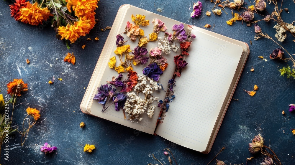 Aufkleber colorful dry flowers arranged in an open notebook on a rustic table creating an aesthetic and natura