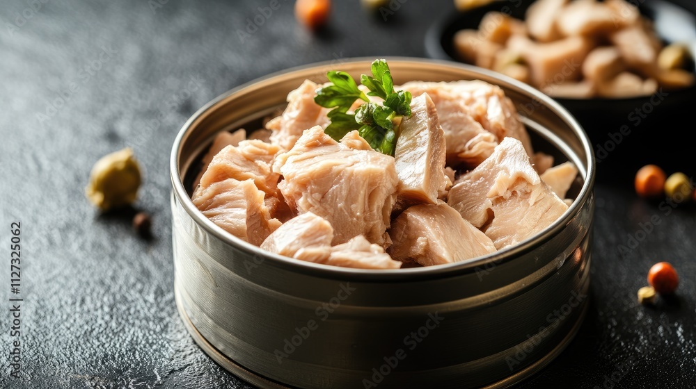 Poster canned white meat tuna fillets in water with garnish in an open can on a table with colorful ingredi