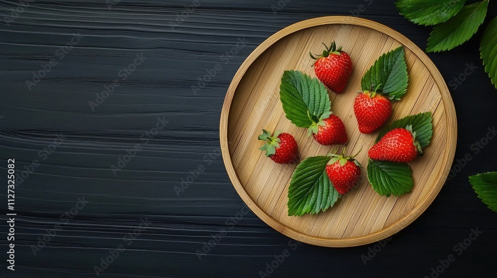 Poster aerial view of fresh strawberries and green leaves on a bamboo plate against a dark background with 
