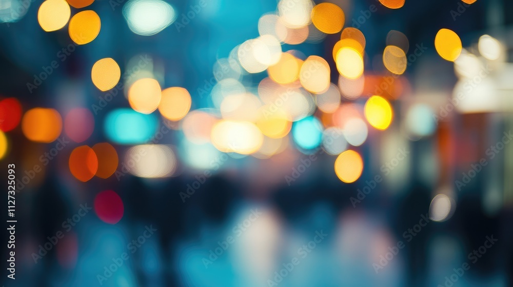 Poster blurred shopping mall interior with vibrant bokeh lights creating a lively background ambiance for r