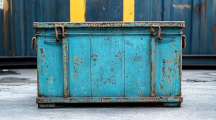 Vintage blue metal storage container for industrial use with a weathered texture and rustic appearance in a factory setting.
