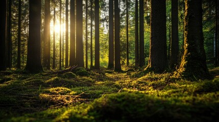 Fototapeta premium Serene Forest Scene with Sunlight Filtering Through Tall Trees and Lush Green Underbrush