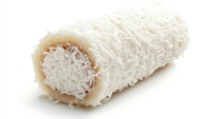 Coconut candy roll featuring a creamy center and coated in shredded coconut against a clean white background