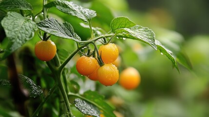 Vibrant cluster of fresh sweet yellow cherry tomatoes surrounded by lush green foliage in a garden setting