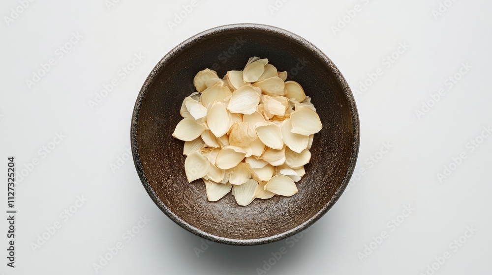 Poster bowl of preserved garlic slices displayed on a white background viewed from above highlighting culin