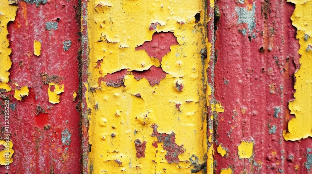 Poster rusty corroded cast iron surface with yellow and red texture featuring peeling paint and abstract de