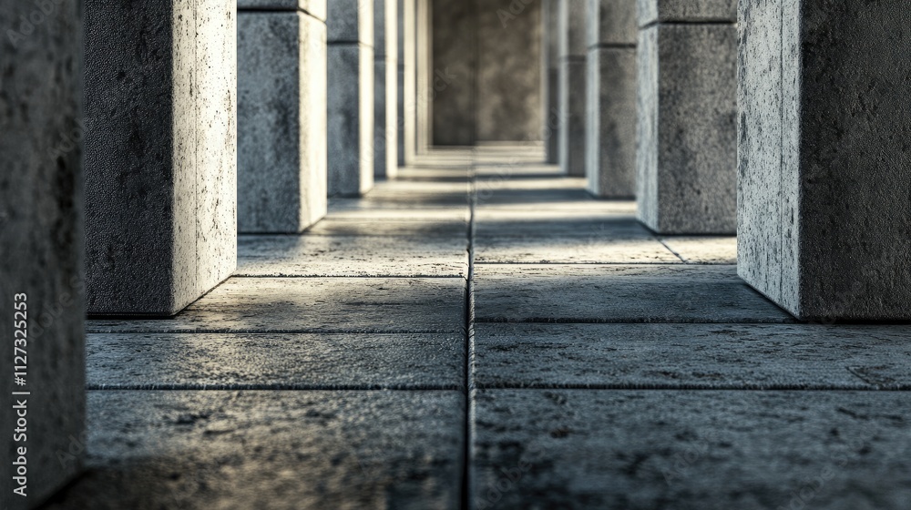 Poster cement brick corridor with shadows creating depth and architectural perspective in a minimalist sett