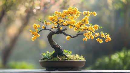 Blooming apricot bonsai tree with vibrant yellow flowers showcasing the unique beauty of springtime in Vietnam's serene landscape.