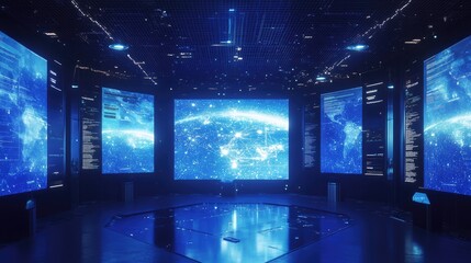 Digital data processing and global connectivity represented on screens in a futuristic blue-lit environment showcasing advanced technology concepts