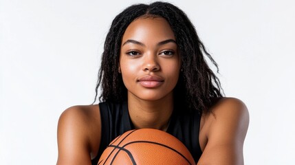 Young woman basketball player confidently posing with a basketball isolated on a white background