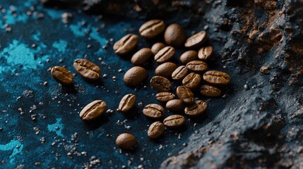 Obraz premium Close-up of roasted coffee beans arranged on a dark textured surface with blue accents showcasing their rich color and natural shine