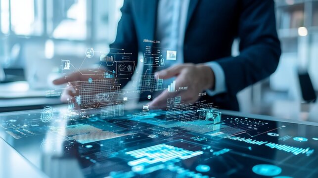 Businessman analyzing data with holographic interface