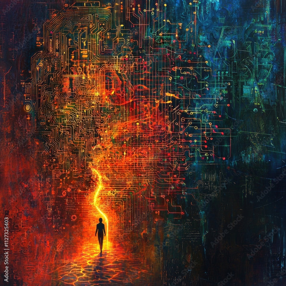 Poster a person walking through a vibrant, abstract digital world filled with circuit patterns.