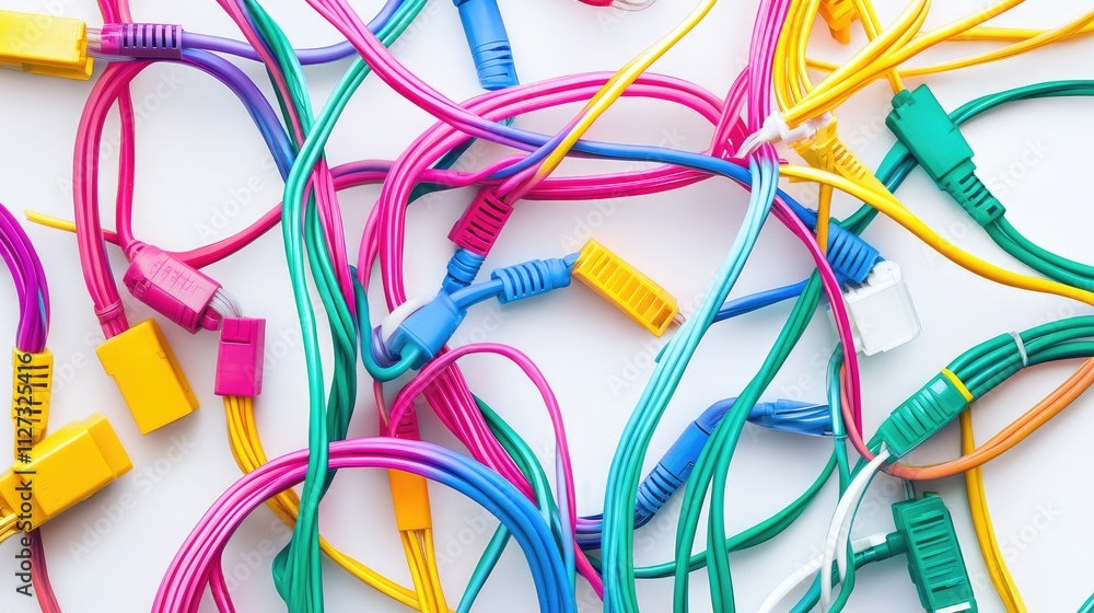 Poster multicolored cables and connectors tangled on a white background for technology and networking conce
