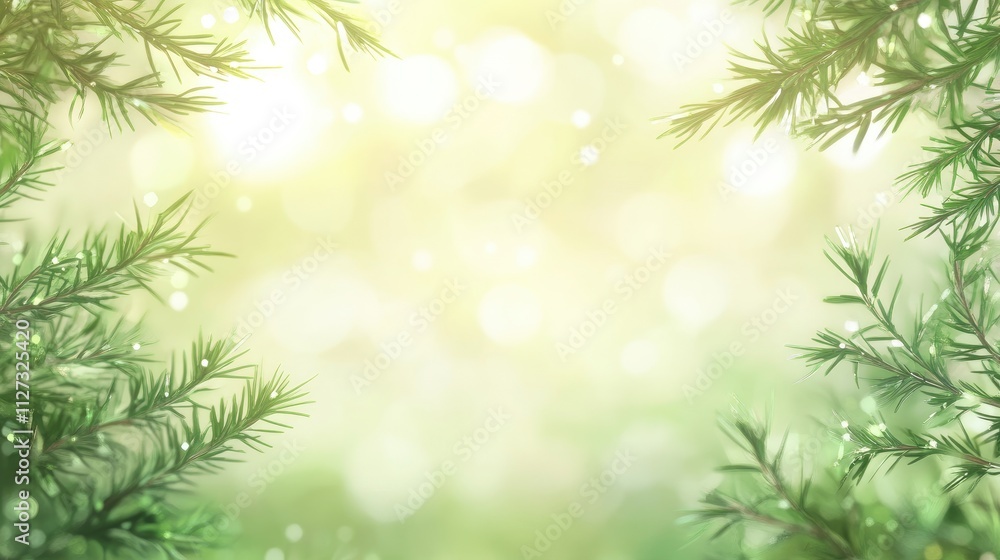 Poster Lush green pine tree branches framing a soft dreamy background with blurred light bokeh for a serene nature-themed design.