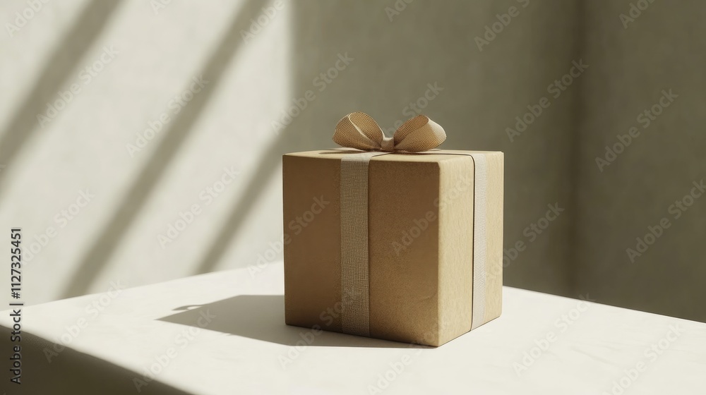 Poster elegant brown gift box wrapped in recycled paper and adorned with a soft ribbon bow positioned on a 