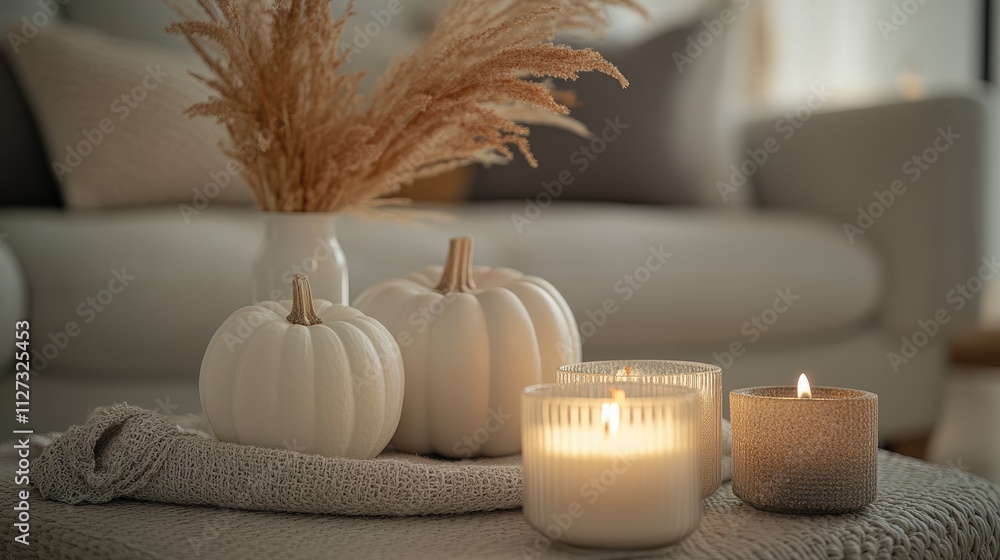 Poster cozy autumn still life with white pumpkins and candles on a textured surface creating a warm and inv