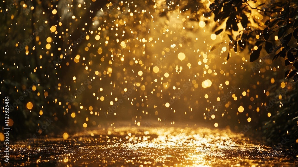 Aufkleber Golden sunlight filtering through trees with sparkling raindrops creating a magical ambiance in a serene nature setting.