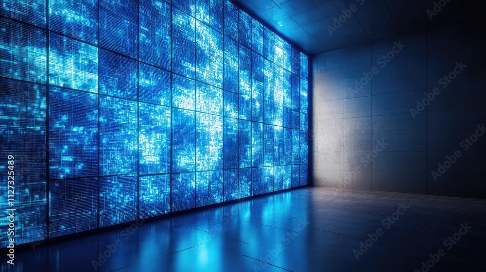 Poster futuristic digital blue screen displaying data visualizations in a modern room setting with ambient 
