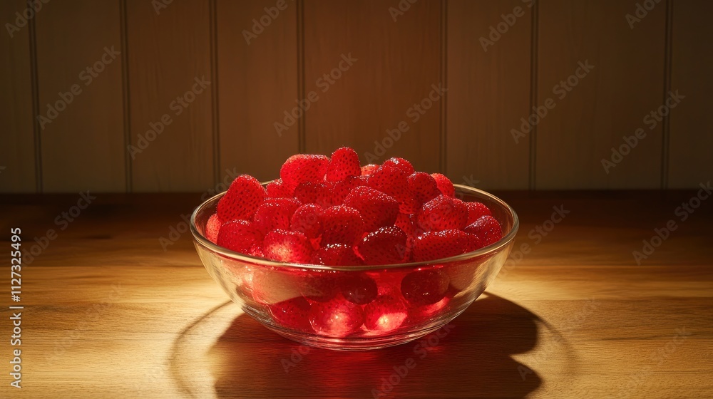 Poster bowl of fresh ripe strawberries on a wooden table softly illuminated by natural light creating a war