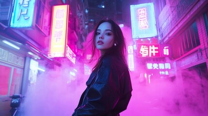 Cyberpunk woman in neon-lit city alley.
