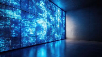 Futuristic digital blue screen displaying data visualizations in a modern room setting with ambient lighting and reflective surfaces.