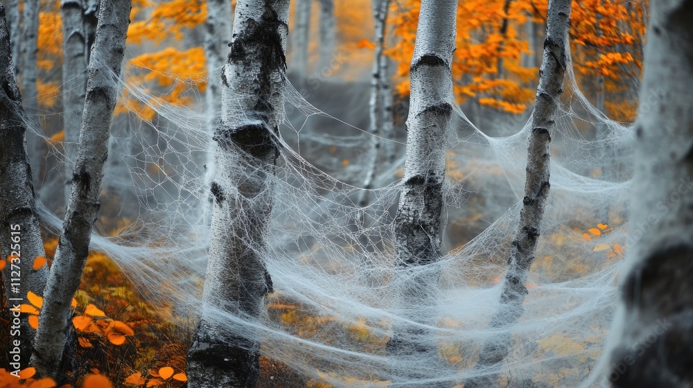 Poster autumn forest scenery with vibrant orange leaves and delicate cobwebs draping over tree trunks creat