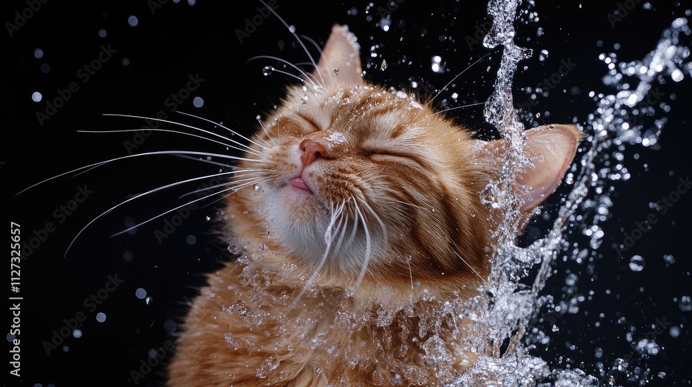 Poster ginger cat enjoying a refreshing splash while cleaning itself against a dark background showcasing i