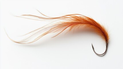 Fishing hook adorned with vibrant orange feathers on a clean white backdrop ideal for fishing accessories and bait promotion imagery