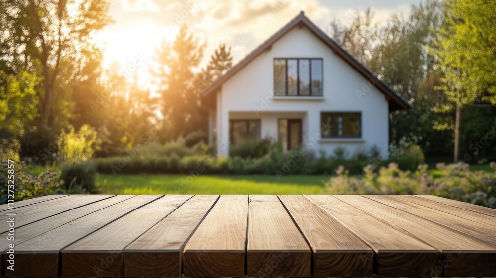 Poster wooden table with empty space for product display against a blurred house and garden background in w