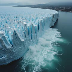 dramatic scene of a once-mighty glacier melting rapidly, with large chunks of ice breaking off and falling into the rising ocean. In the background, coastal cities are partially submerged by rising