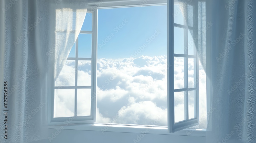 Aufkleber serene view of an open window showcasing a vibrant sky filled with clouds in a bright and airy inter