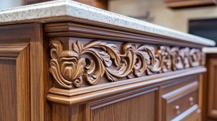 Detailed closeup of ornate wooden kitchen cabinet showcasing craftsmanship and elegant design in modern interior decor