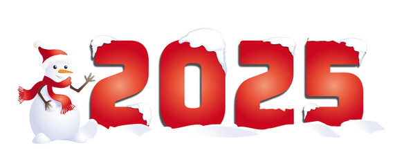 2025 rouge dans la neige,recouvert de neige et bonhomme de neige, illustration sur fond transparent