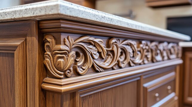 Detailed closeup of ornate wooden kitchen cabinet showcasing craftsmanship and elegant design in modern interior decor
