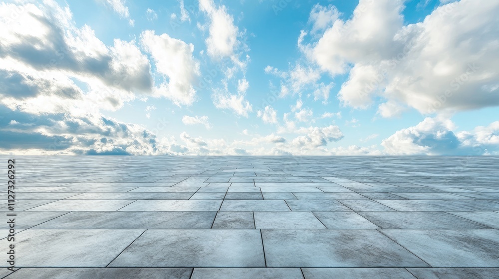 Aufkleber spacious empty stone tile floor with a panoramic view of a cloudy sky and horizon in a serene outdoo