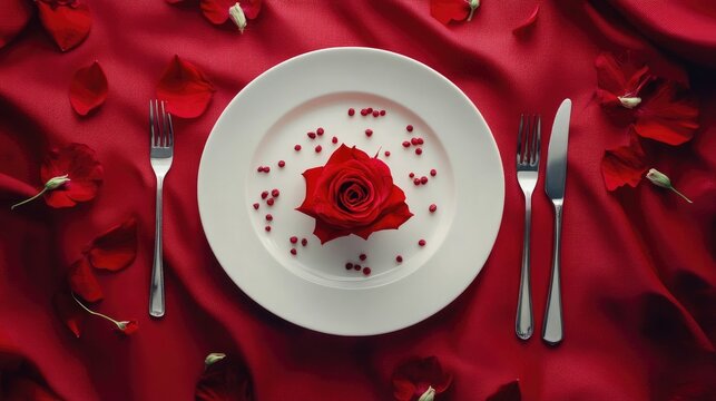 Creativity concept with red rose and decorative elements on white plate surrounded by elegant cutlery on vibrant red fabric