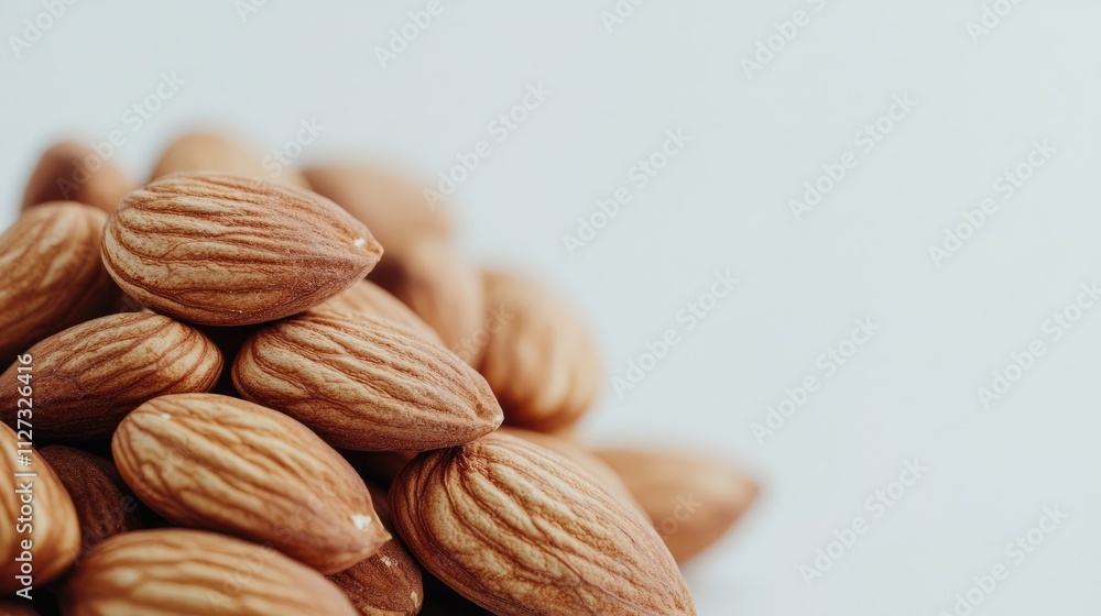 Aufkleber closeup of raw almonds stacked on a light background showcasing texture and natural color variations
