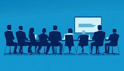 illustration of a team meeting on blue background. silhouettes of people with a laptop