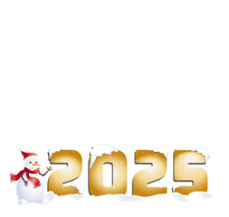 2025  doré dans la neige,recouvert de neige à côté d'un bonhomme de neige, illustration sur fond transparent