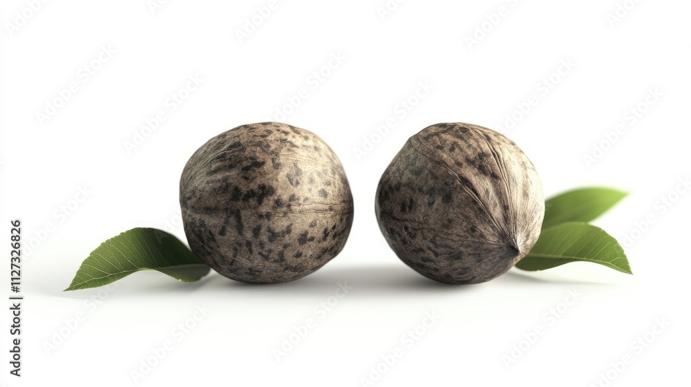Poster natural walnuts with green leaves isolated on white background showcasing their unique texture and s