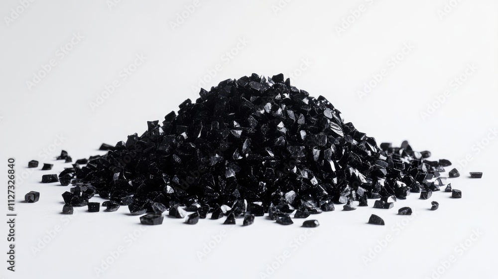 Poster heap of cacao nibs on white background showcasing rich texture and dark color ideal for food and hea