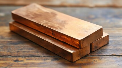 Copper bullion bars for investment displayed on a rustic wooden table emphasizing wealth preservation and alternative asset strategies