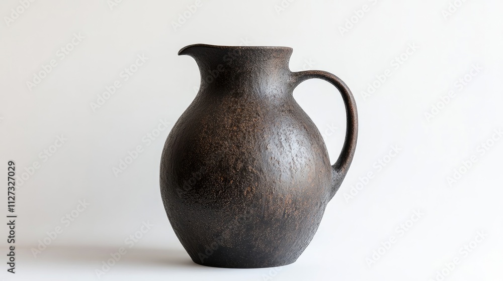 Poster dark brown ceramic jug with handle featuring a textured crushed pattern on a clean white background 