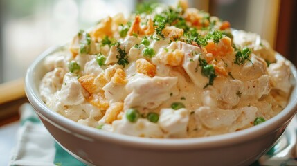 Creamy chicken and cheese salad crafted with fresh herbs and crunchy toppings in a rustic bowl on a floral tablecloth