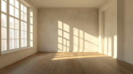 Obraz premium Bright empty room with large windows casting shadows on wooden floors ideal for renovation or interior design projects in residential spaces