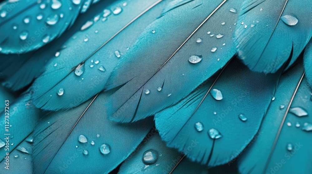 Poster turquoise feathers with water droplets in selective focus showcasing texture and vibrant color for n