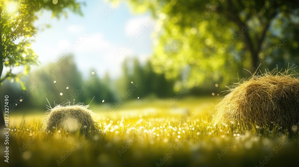 Poster sunlit haystacks in a serene meadow with blurred background and gentle bokeh effect
