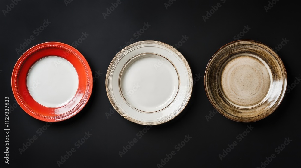 Poster crockery plates in different colors displayed on a dark background showcasing unique designs and tex